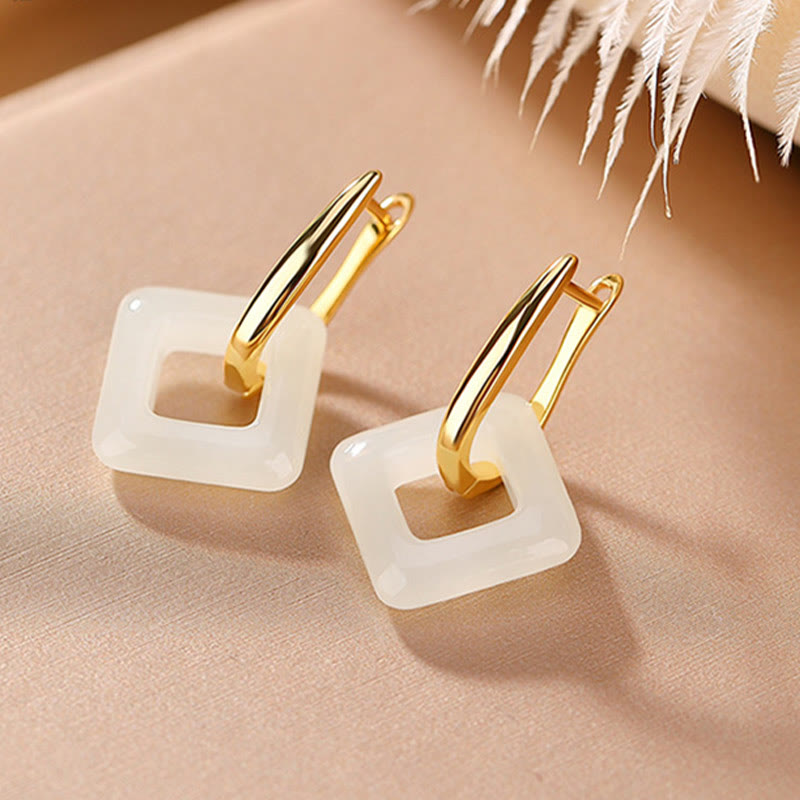 925 Sterling Silver Hetian Jade Geometric Square Luck Earrings