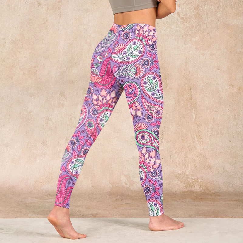 Purple Pink Cashew Flower Sunflower Print Gym Fitness Leggings Women's Yoga Pants
