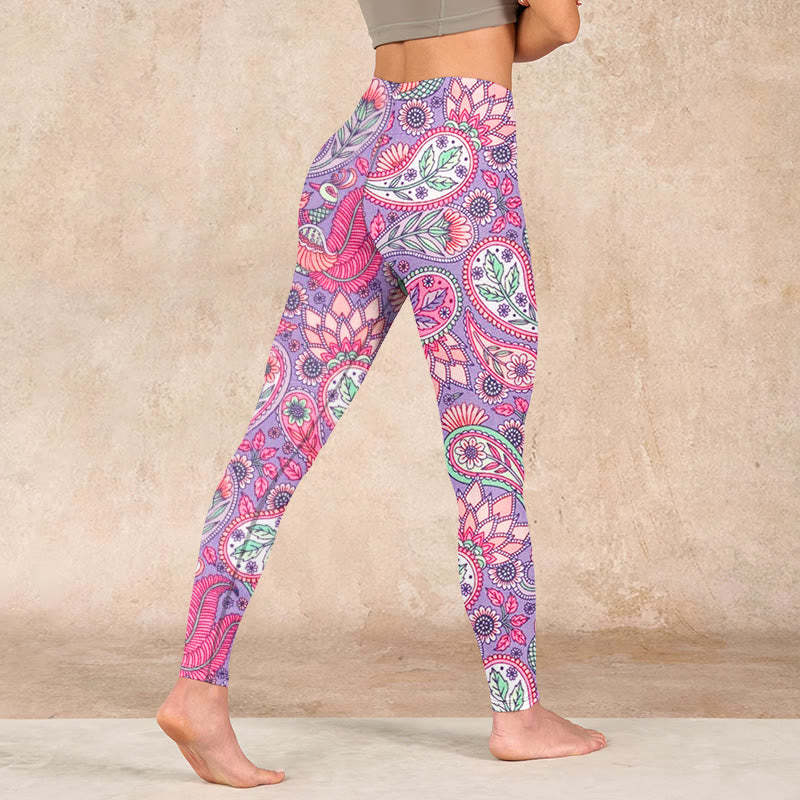 Purple Pink Cashew Flower Sunflower Print Gym Fitness Leggings Women's Yoga Pants