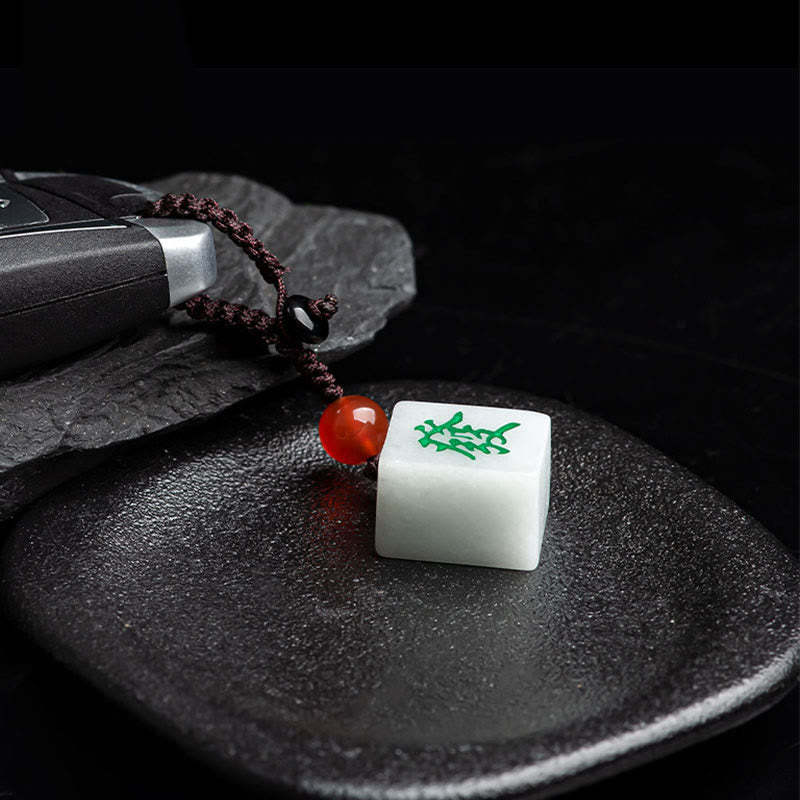 Natural Jade Mahjong Fa Character Wealth Prosperity Phone Hanging Key Chain Decoration