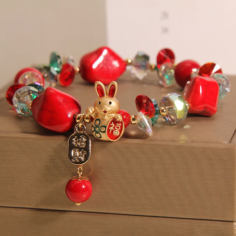 Red Stone Lucky Cat Rabbit Fu Character Fortune Bracelet
