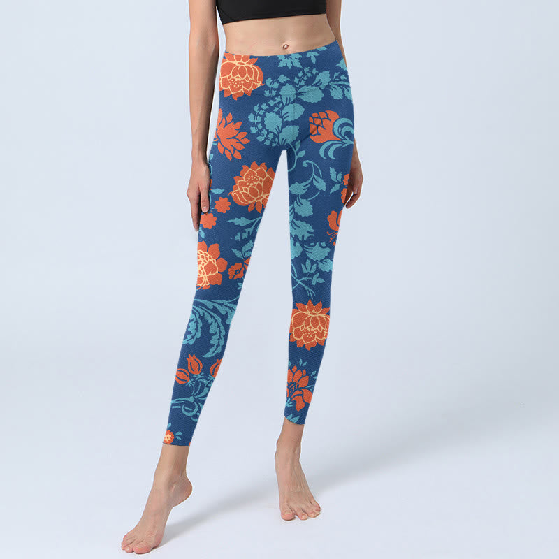 Steel Blue Red Tulips Flowers Leaves Print Gym Leggings Women's Yoga Pants