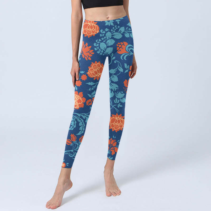 Steel Blue Red Tulips Flowers Leaves Print Gym Leggings Women's Yoga Pants