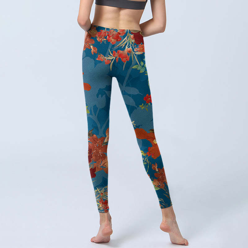 Blue Red Flowers Birds Print Gym Leggings Women's Yoga Pants