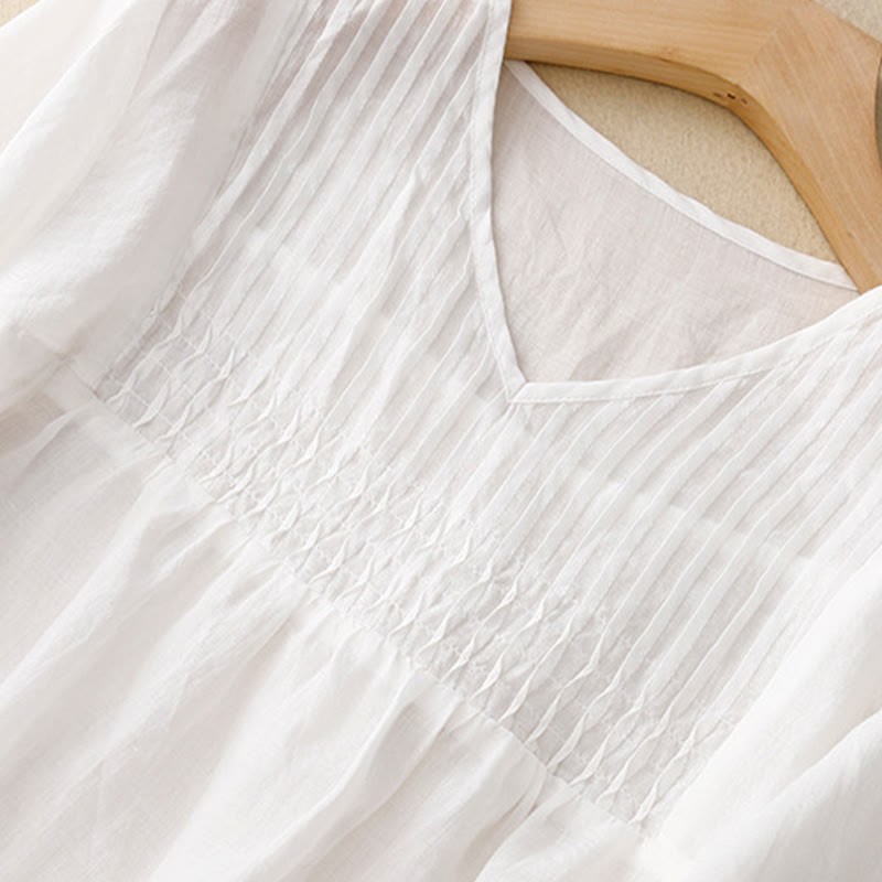 Casual Plain Loose Women's V-Neck Design Half Sleeve Cotton Linen Shirt