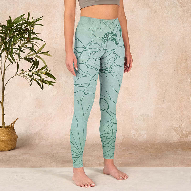 Green Lotus Flower Print Sports Leggings Women's Yoga Pants