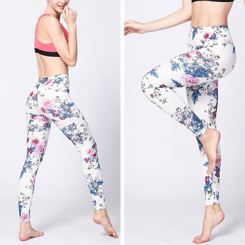 Pink Flower White Colorful Ink White Print Leggings Sports Fitness Yoga Women's Pants