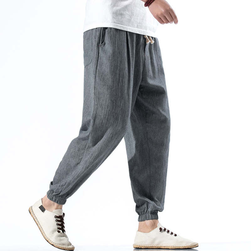 Casual Solid Color Drawstring Linen Men's Pants With Pockets