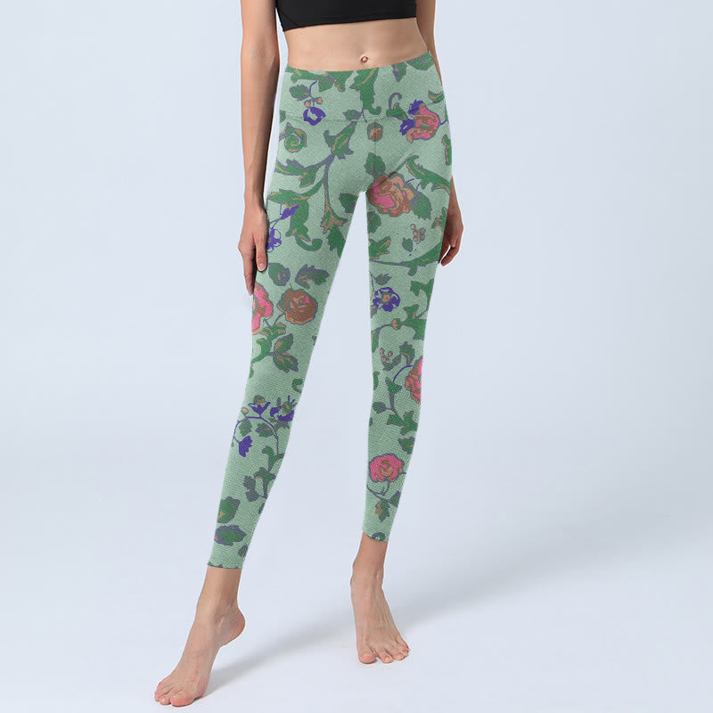 Green Red Roses Green Leaves Print Gym Leggings Women's Yoga Pants