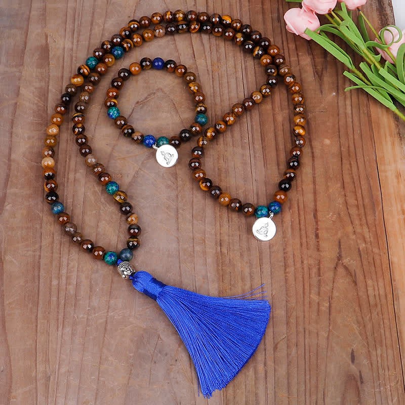 108 Mala Beads Tiger Eye mystic zen Strength Bracelet Tassel Necklace Pendant
