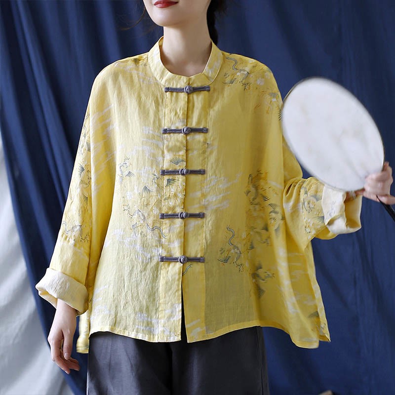 Yellow Phoenix Print Frog-button Design Long Sleeve Ramie Linen Jacket Shirt
