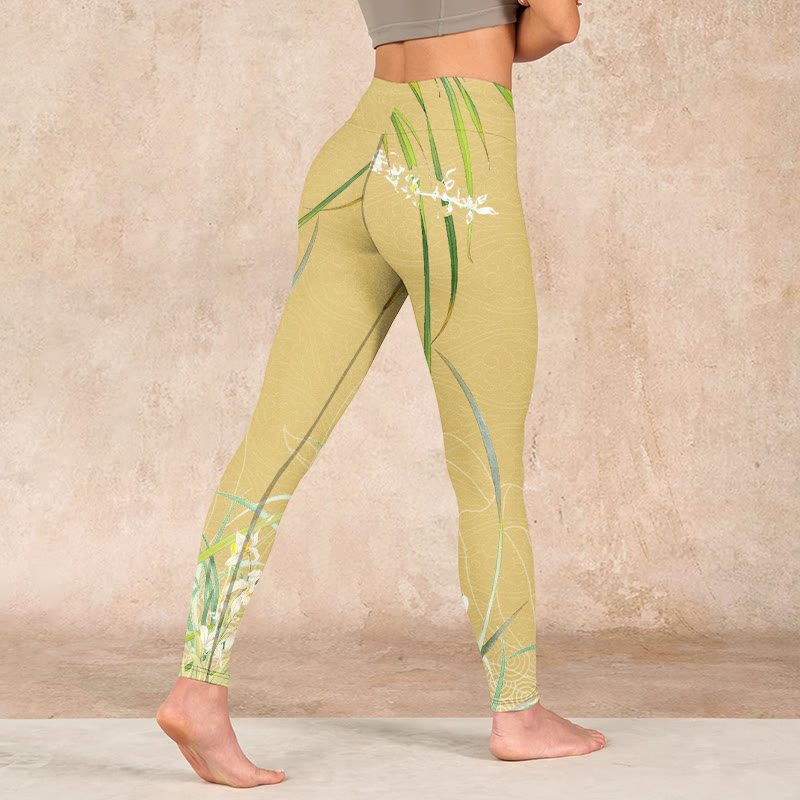 Yellow Orchid Flowers Weeping Leaves Print Gym Leggings Women's Yoga Pants