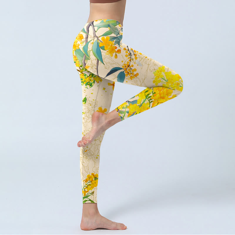 Yellow Osmanthus Fragrans Rapeseed Print Gym Leggings Women's Yoga Pants
