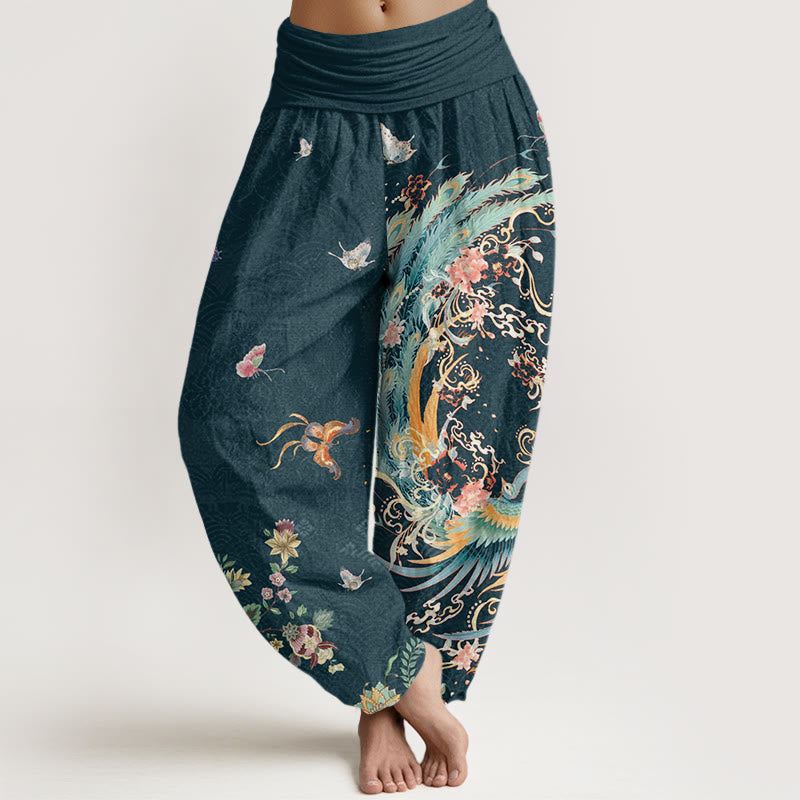 Casual Colorful Phoenix Butterfly Floral Pattern Women's Elastic Waist Harem Pants