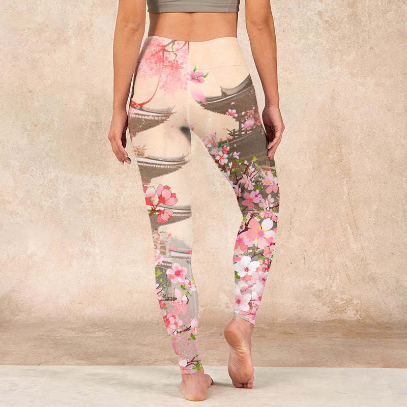 Pink Sakura Antique Building Print Fitness Leggings Women's Yoga Pants