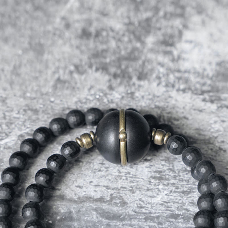 Frosted Cut Surface Black Onyx Ebony Beads Double Wrap Protection Bracelet