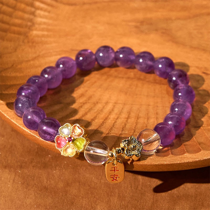 Natural Amethyst White Crystal Flower Healing Safe And Well Charm Bracelet