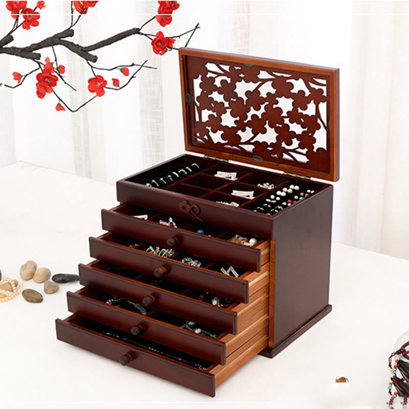 Vintage Plum Blossom Carved Wooden Jewelry Box Six-Layer Jewelry Storage Box