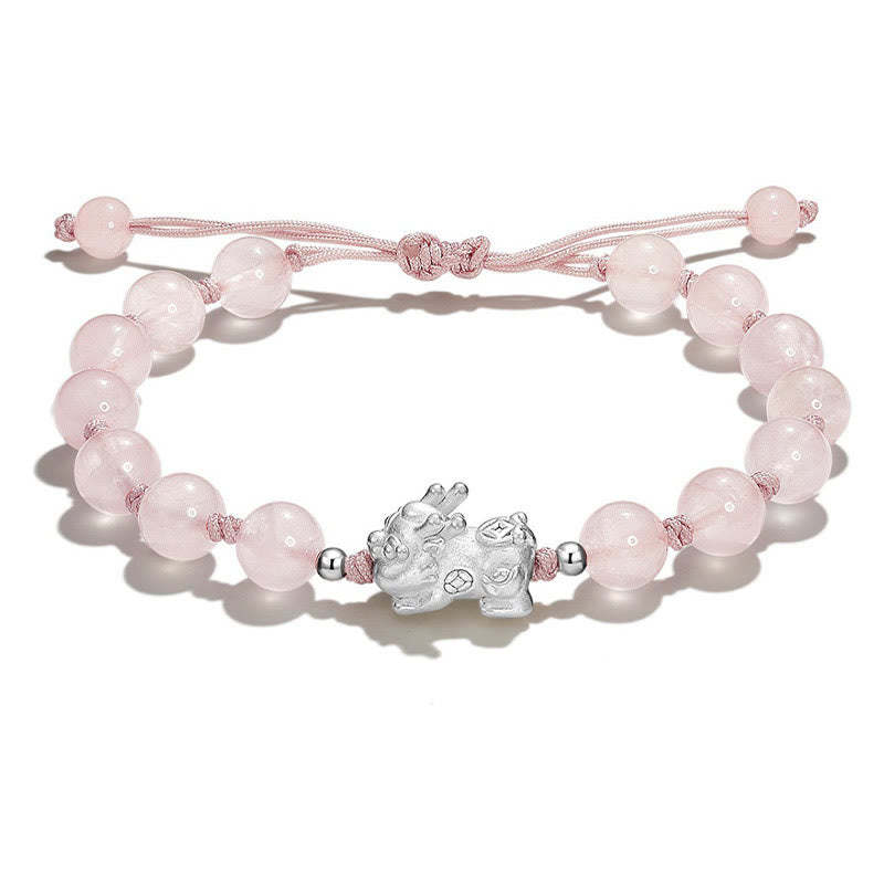 Natural Black Obsidian Cat's Eye Pink Crystal PiXiu Strength Bracelet
