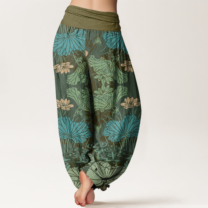 Lotus Leaves Flowers Design Women's Elastic Waist Harem Pants