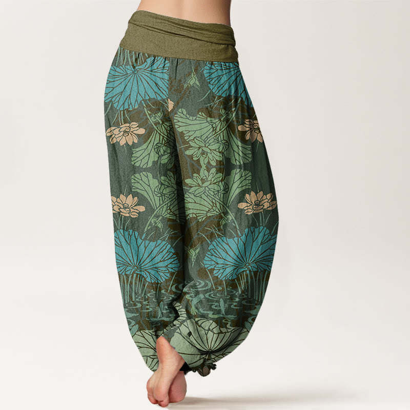 Lotus Leaves Flowers Design Women's Elastic Waist Harem Pants