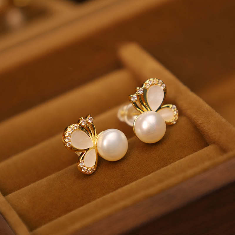 925 Sterling Silver Posts 18K Gold Plated Copper Natural Pearl Butterfly Zircon Healing Stud Earrings