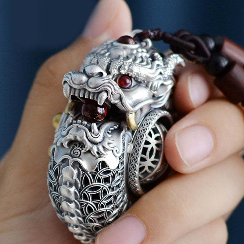 999 Sterling Silver Year of the Dragon Rotatable Ball Five Elements Copper Coin Strength Hanging Decoration