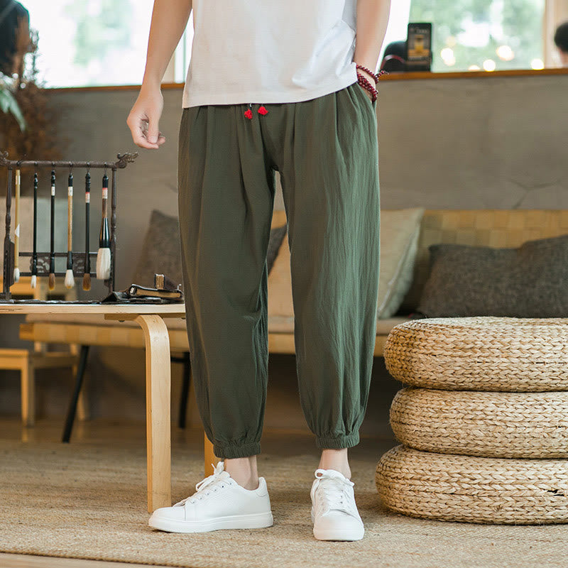 Plain Color Red Drawstring Linen Men's  Pants With Pockets