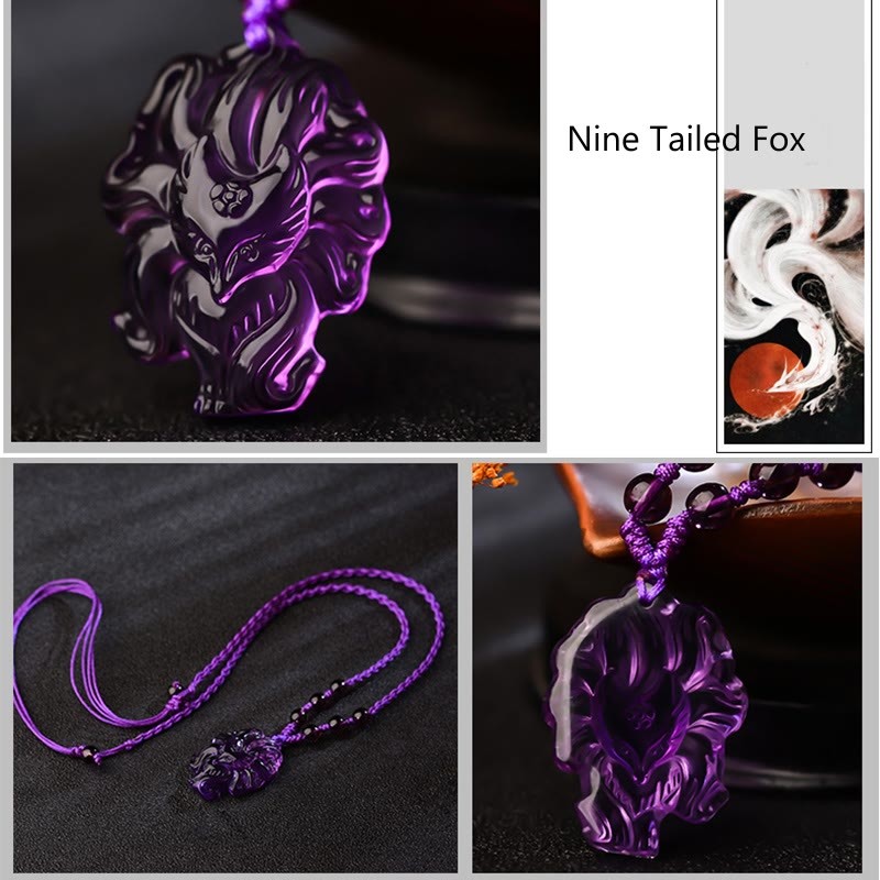 Natural Amethyst White Crystal Citrine Nine Tailed Fox Luck Necklace Pendant