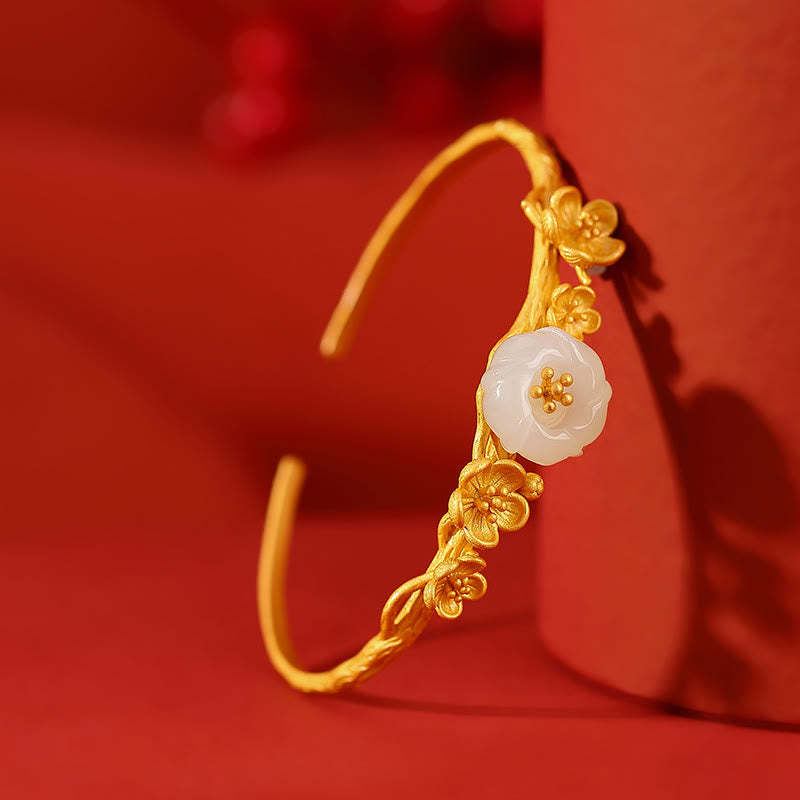 925 Sterling Silver Plated Gold Hetian Jade  Plum Blossom Luck Necklace Pendant Bracelet Bangle Ring