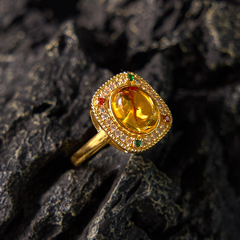 Natural Amber Flower Square Support Full Diamond Confidence Ring