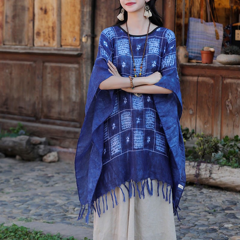 Blue Color Block Plaid Shawl Tassels Soft Pullover 90*95cm
