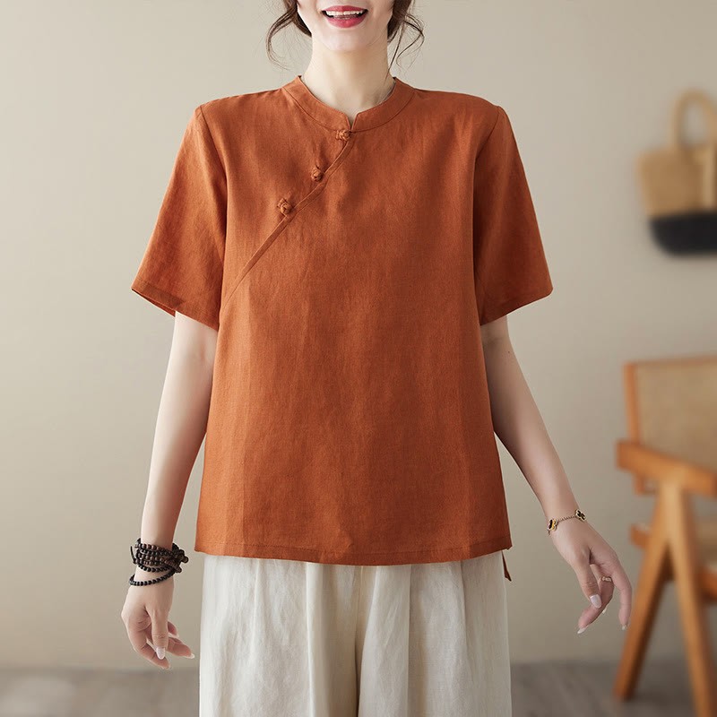Solid Color Frog-Button Short Sleeve Cotton Linen Shirt