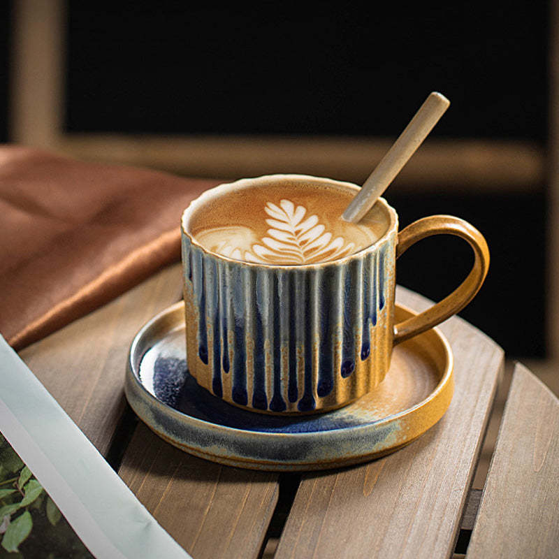 Retro Striped Kiln Change Ceramic Coffee Mug Rough Pottery Tea Coffee Cup With Saucer 250ml