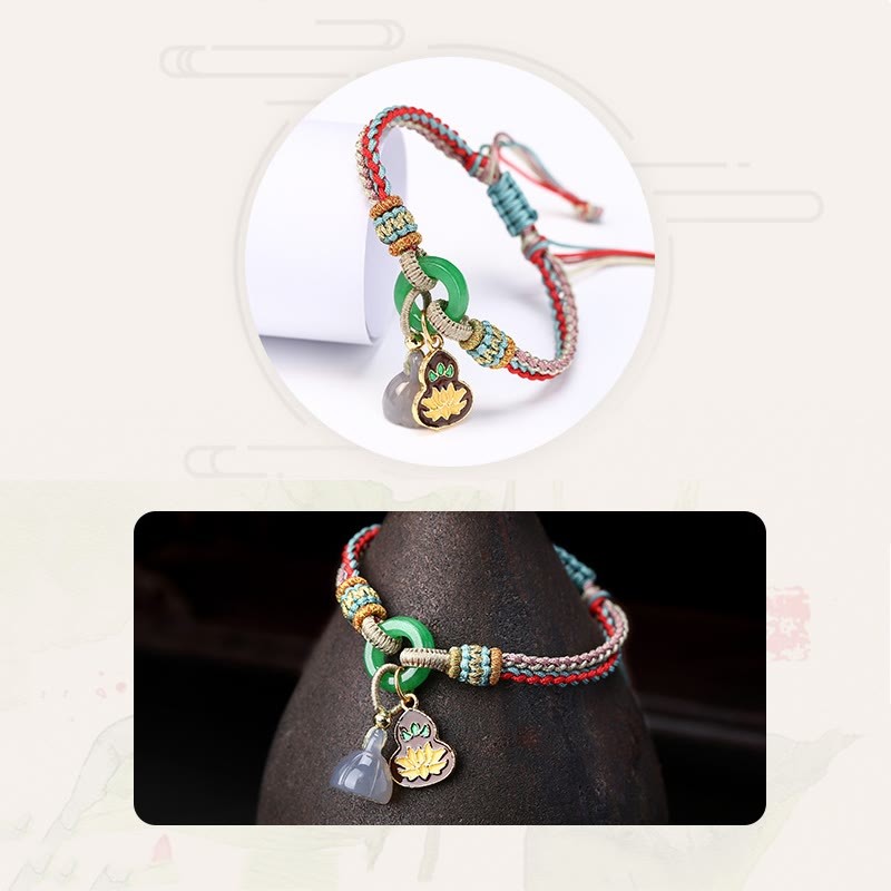 Colorful Rope Chalcedony Lotus Jade Peace Buckle Harmony Gourd Charm Bracelet