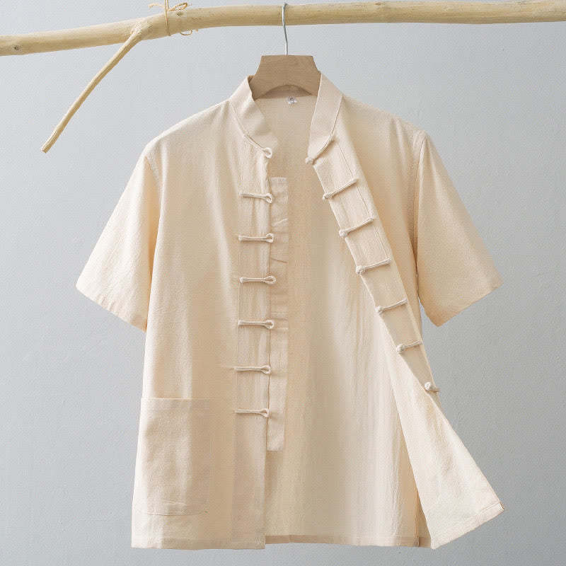 Chinese Frog-Button Tang Suit Men's Short Sleeve Shirt Cotton Linen Clothing With Pockets