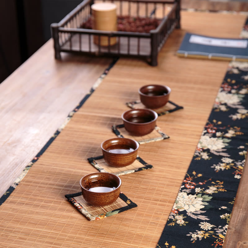 Vintage Peony Flower Blossom Bamboo Cup Mat Pad Tea Cup Coaster Kung Fu Tea Mat