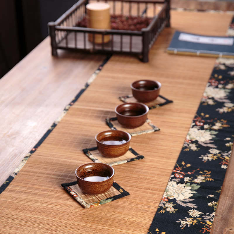 Vintage Peony Flower Blossom Bamboo Cup Mat Pad Tea Cup Coaster Kung Fu Tea Mat