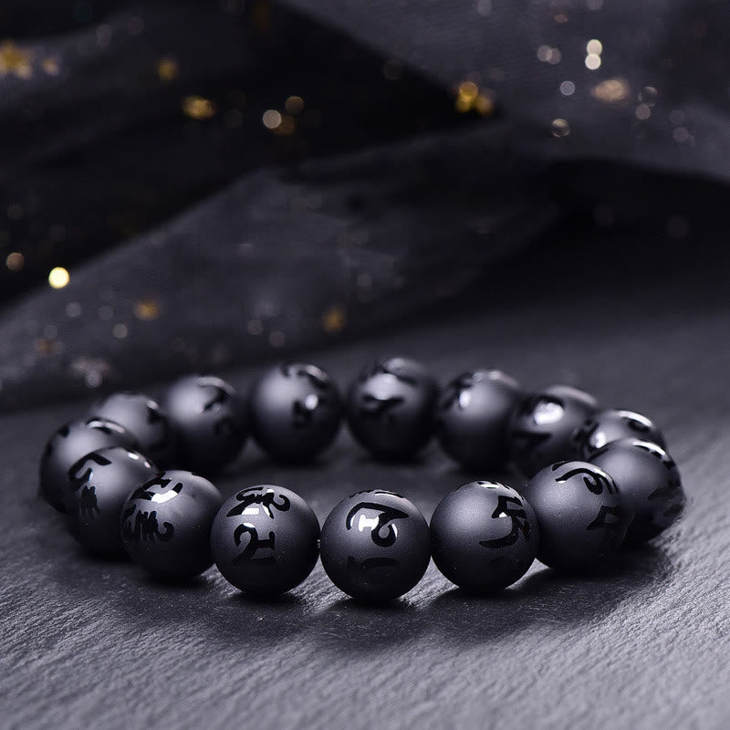 Natural Black Onyx Om Mani Padme Hum Carved Protection Bracelet