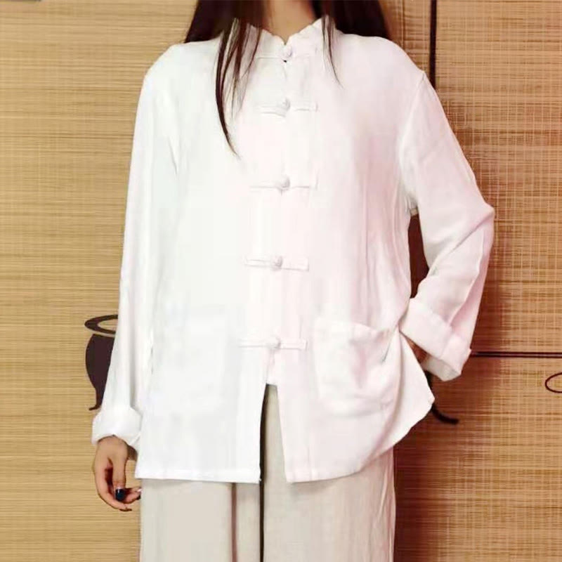 Solid Color Frog-button Long Sleeve Cotton Linen Women's Shirts With Pockets
