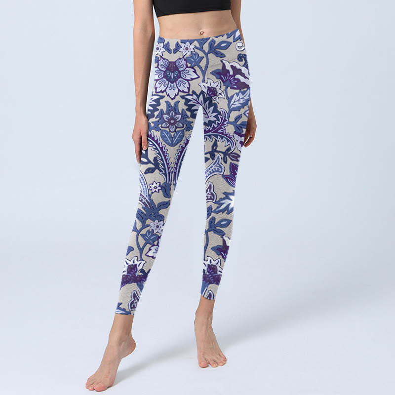 Purple Flower Leaves Print Gym Fitness Leggings Women's Yoga Pants