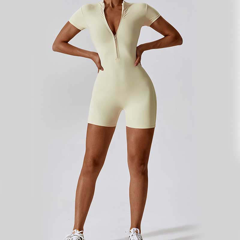 High Stretch Zipper Short Sleeve Jumpsuit Sports Fitness Yoga Women Bodysuit