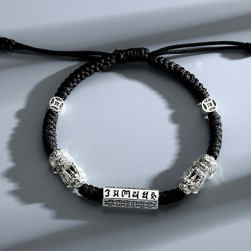 Double PiXiu Feng Shui Copper Coin Om Mani Padme Hum String Bracelet