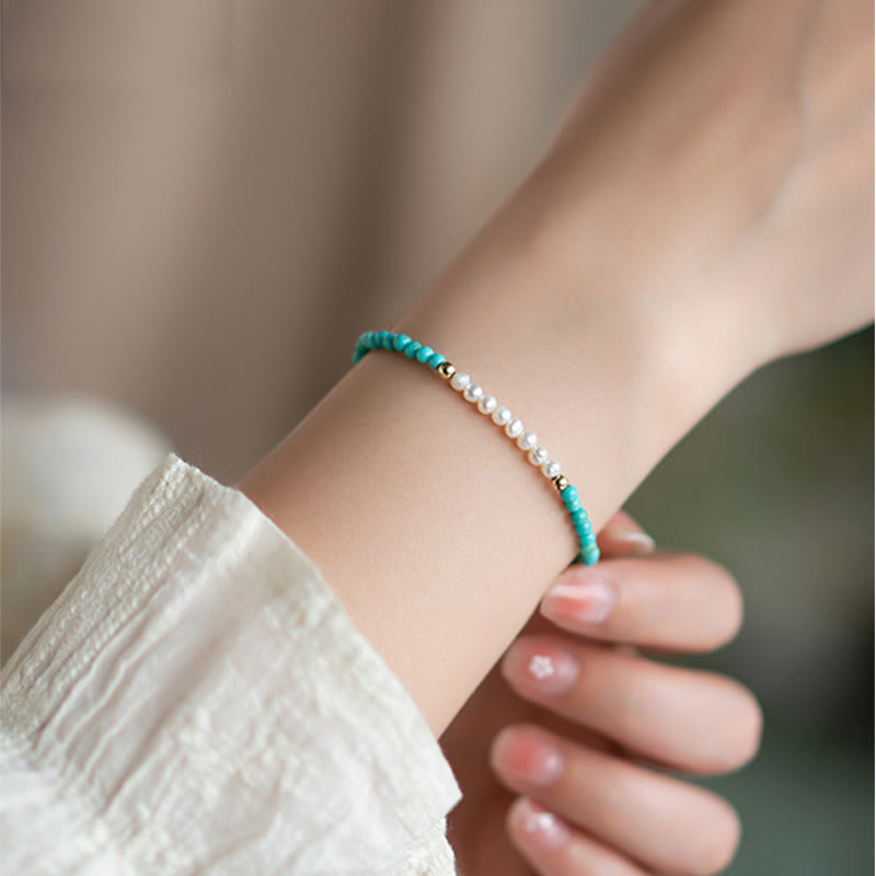 925 Sterling Silver Natural Turquoise Pearl Beaded Bracelet