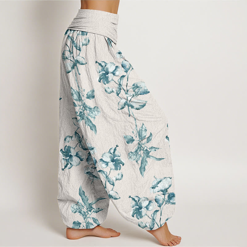 Rose Flowers Pattern Women's Elastic Waist Harem Pants