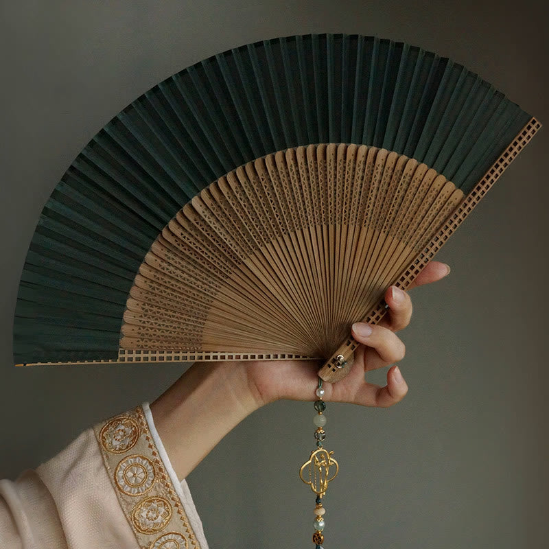 Dark Green Tassel Hollow Rib Silk Handheld Bamboo Folding Fan