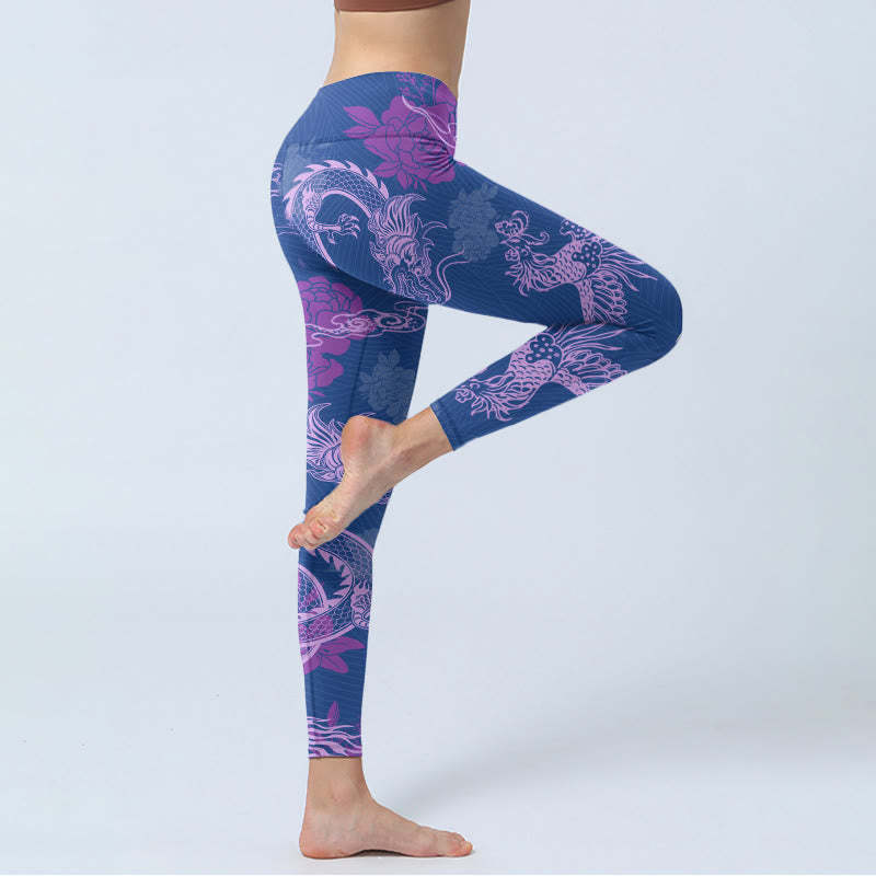 Purple Dragon Phoenix Flowers Print Gym Leggings Women's Yoga Pants