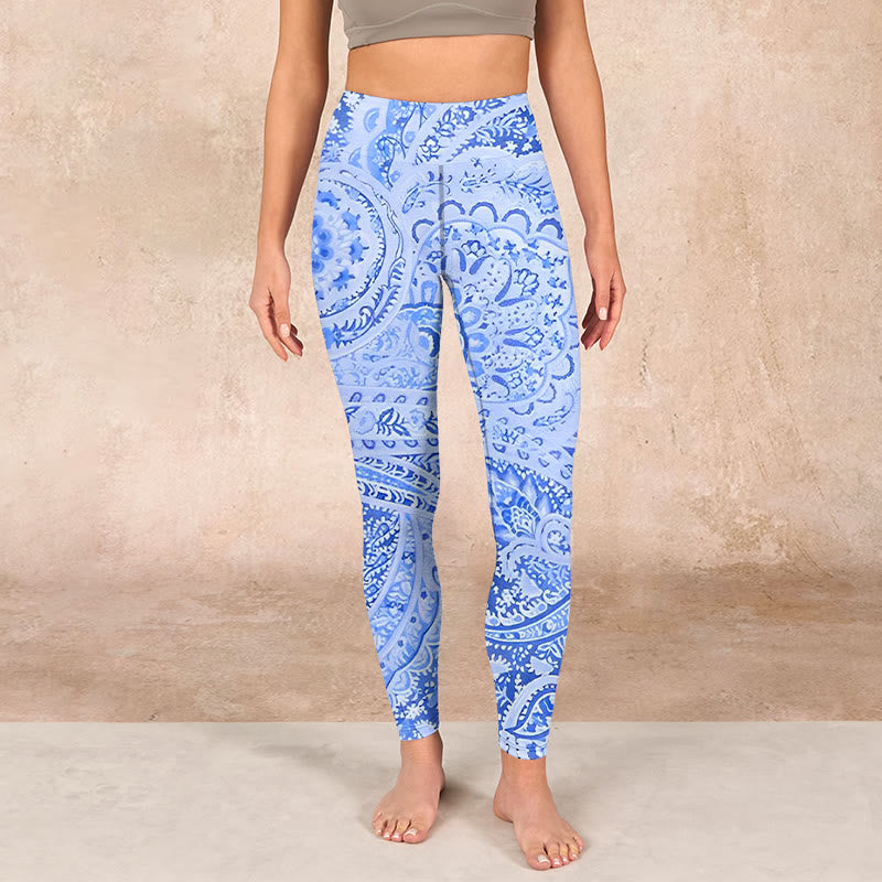 Persian Style RoyalBlue White Flowers Pattern Print Exercise Leggings Women's Yoga Pants