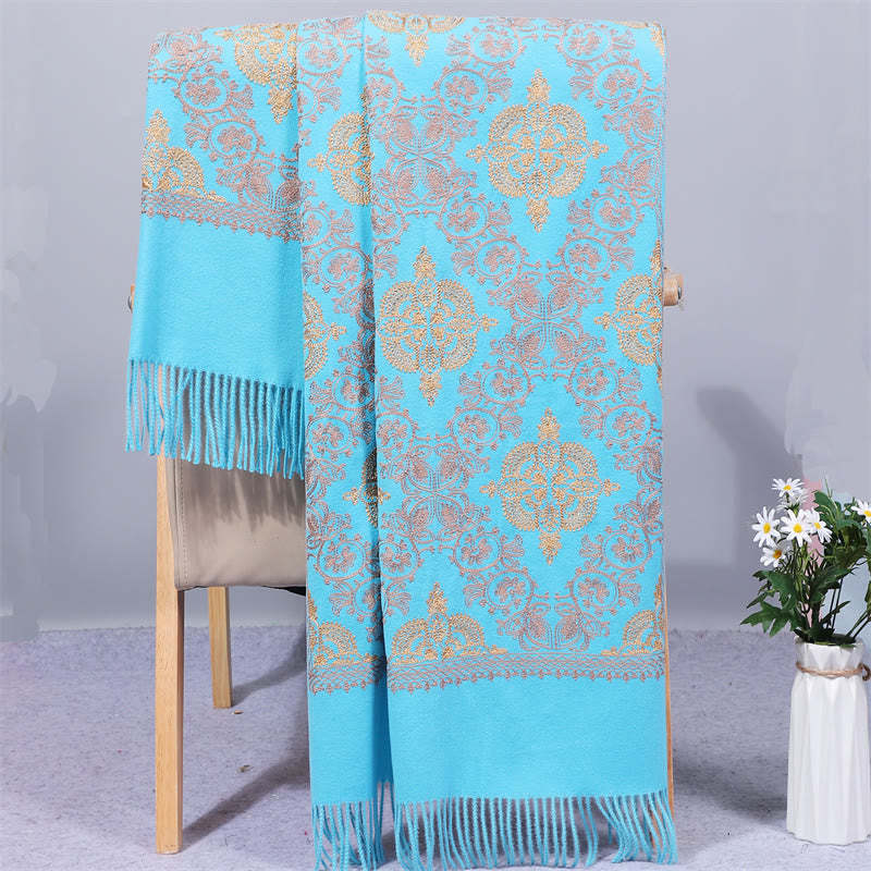 Polyester Shawl Symmetry Gold Filigree Embroidery Tassel Winter Cozy Travel Scarf Wrap
