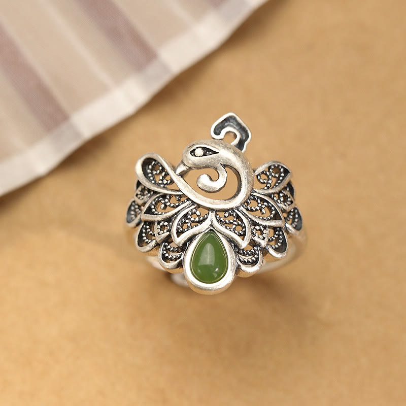 925 Sterling Silver Peacock Hetian Cyan Jade Fortune Adjustable Ring